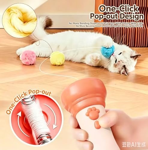 Hands-Free Electric Cat Toy Interactive Teaser Entertainment Toy for Kitten, One-Click Pop Out & Auto Retractable Cat Wand Toy with Soft Balls, Kitten Teaser Toys for Indoor Cats (Pink)