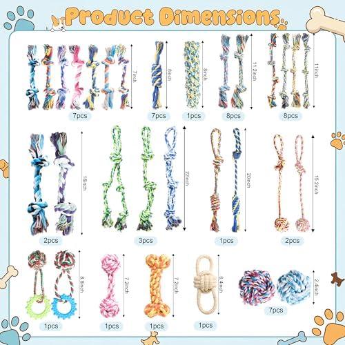 Leitee 50 Pcs Rope Dog Toys Bulk Cotton Puppy Chew Tug Knot Teething Toys
