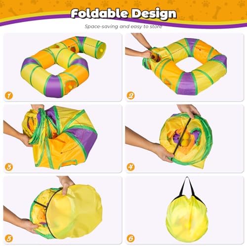 Cat Tunnel for Indoor Cats 6-Shaped, Collapsible Cat Playhouse Pet Play Tunnel Tube Maze with Hanging Pom-Poms and Interactive Hole for Kitten, Kitty, Puppy, Rabbits, Ferret, Guinea Pig