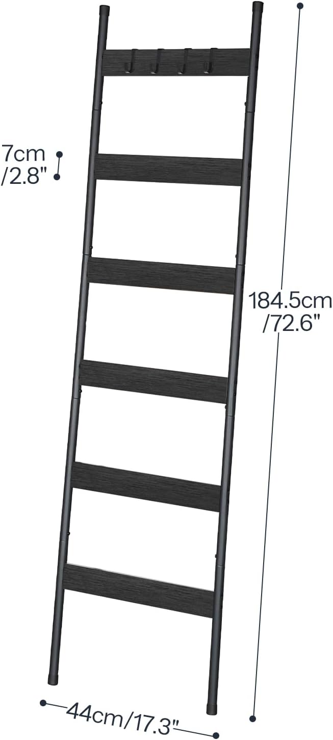 HOOBRO Blanket Ladder, 6-Tier Towel Rack with Hooks, Wall-Leaning Blanket Rack, Decorative Display Ladder Shelf, Scarves, Industrial, Living Room, Bedroom, Black BB66CJ01