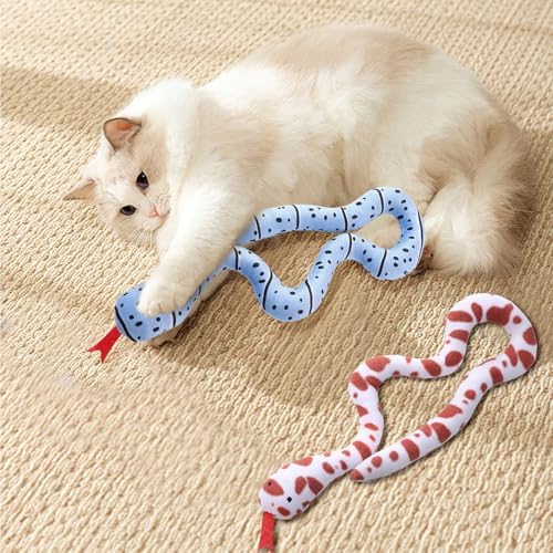 Andiker 2PCS Snake Cat Toys, 23.6 Inches Long Realistic Snake Shape Cat Plush Toys with Bite-Resistant Fabric Interactive Cats Toy for Indoor Cats to Bite Chew Keep Teeth Clean (Brown&Blue)