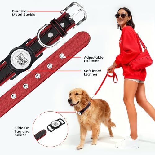Leather Dog Collar with AirTag Compatible Holder & QR ID, Red, S