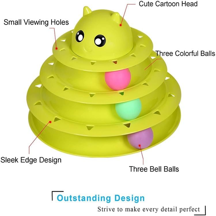 Catstages Tower, Interactive 3-Tier Cat Track Toy with 6 Spinning Balls in Box, Cat Fun Durable Toy, for All Breed of Cats, Catty Self-Entertainment Toys, Green