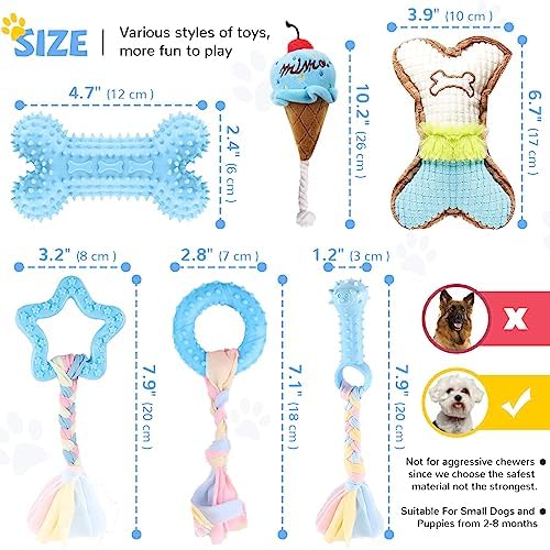 BAEJMJK 6 Pack Puppy Teething Toys Blue Small Breed Dog Chew Toys with Rope Cute Plush Squeaky Dog Toys Soft Rubber Puppy Toys Set for Cleaning Teeth Interactive Pet Doggy Bone Toys