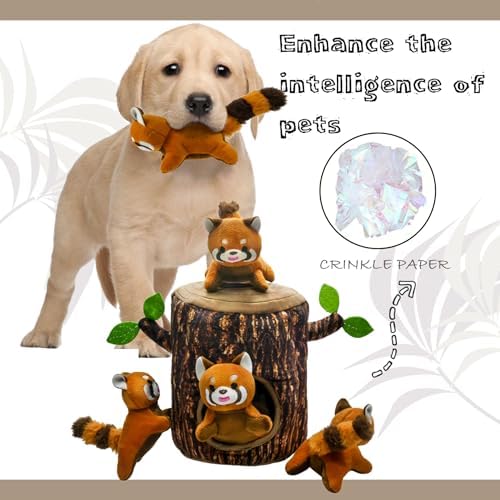 Hide and Seek Dog Toys Squeaky Red Panda Plush Toy with Crinkle Trunk, Interactive Dog Toy to Keep Them Busy Pet Chew Toys for Small & Medium Dogs (Tree Trunk Hideout with 4 Red Panda)