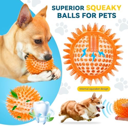 SHARLOVY 3'' Squeaky Balls for Small Dogs, 4 Spiky Dog Balls for Teething