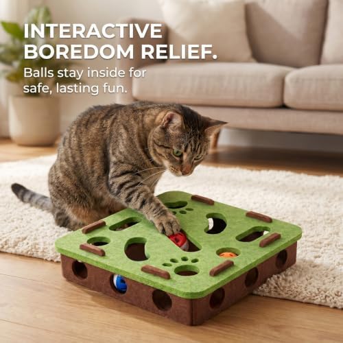 Interactive Cat Puzzle Toy, Mental Stimulation Box with 3 Balls, Indoor Cat Brain Training Game, Green for Kitten Enrichment