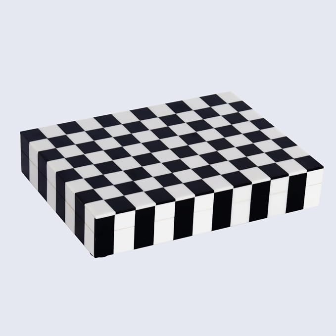 Handicrafts Home Decorative Storage Box with Lid, Black and White Decorative Box for Remote Controls, Slim Coffee Table Storage Box for Shelf, Desk & Living Room Decor, Puzzle Check 8 x 6 x 1.5 Inch