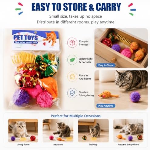 LOS ANDES 8 Pack Cat Toy Assortment, Interactive Crinkle Balls Plush Mice Spring Toys, Indoor Boredom Relief Toys for Kittens & Cats