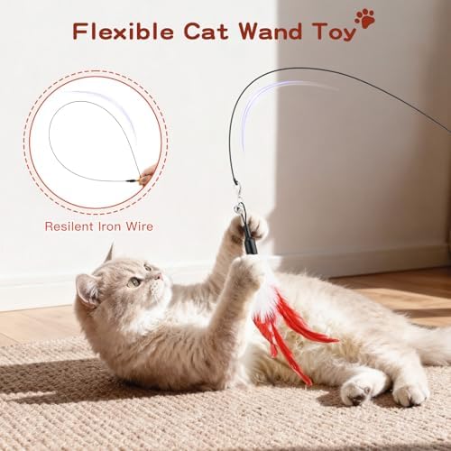 Pawaboo Cat Feather Wand Interactive Toy, 2 Feathers + 1 Wand with Bell