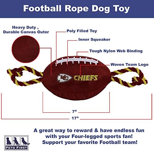 Pets First NFL Kansas City Chiefs Football Dog Toy, Tough Quality Nylon Materials, Strong Pull Ropes, Inner Squeaker, NFL Team Color