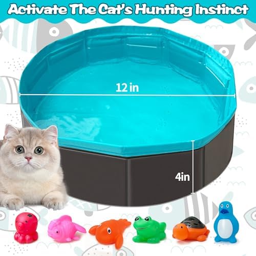 Cat Pool Toy, Water Toys for Cats, Best Cat Toys for Bored Indoor Cats, Hunting Toys for Indoor Catss, Portable Play Mat, Pet Swimming Pool for Self Play Enrichment (1pcs Pool + 6pcs Toy)
