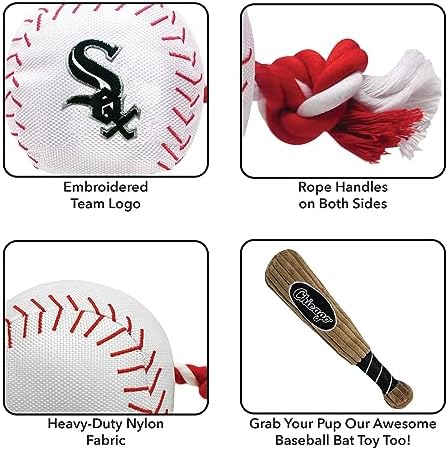 MLB CHICAGO WHITE SOX Baseball Rope Toy for DOGS & CATS. Tough nylon, Sporty Baseball Design, Heavy-duty ropes with Inner SQUEAKER