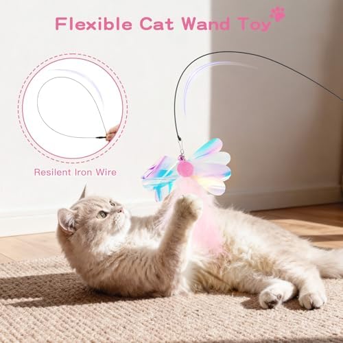 Pawaboo Cat Feather Wand Interactive Toy, 2 Feathers + 1 Wand with Bell