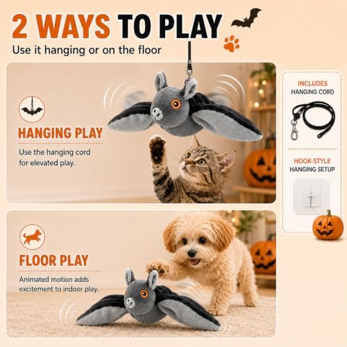 Bat Dog Toy, Interactive Flapping Wings and Chirping Sounds, Rechargeable Hanging and Ground Chase Toy for Small Dogs and Cats