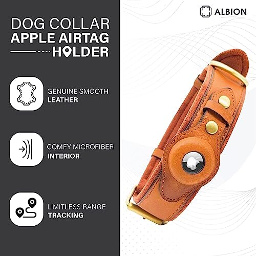 Apple AirTag Leather Dog Collar Smart GPS Collar with AirTag Holder (L, Brown)