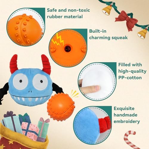 Enjoying Dog Interactive Toy, Engaging Squeaky Ball Toys for All Dogs Playtime, 2-in-1 Dog Plush Squeaky Ball for Playing, Squeak Dog Toy with Plush Cover, Adorable Grin Monster