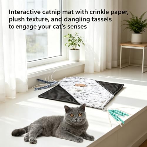 Cat Crinkle Mat with Mouse Toy,14x16" Interactive Cats Play Mat with Catnip