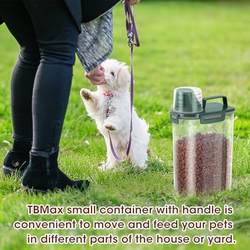TBMax Small Dog Cat Food Storage Containers 2 Pack, Travel-Friendly Pet Food Container with Spout & Measuring Cup, Portable Pet Feeding Dispenser, Bird Seed Container-Dark Green