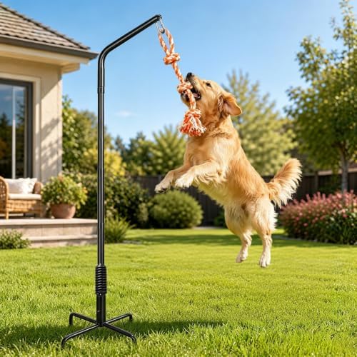 Adjustment Rotation Tether Outdoor Dog Rope Toy, Dog Rope Play Spring Rack with 3 Interactive Tug of War Toys, Self-Play & Exercise Toy for Large, Medium, Small Dogs, Heavy Duty for Yard Park Lawn