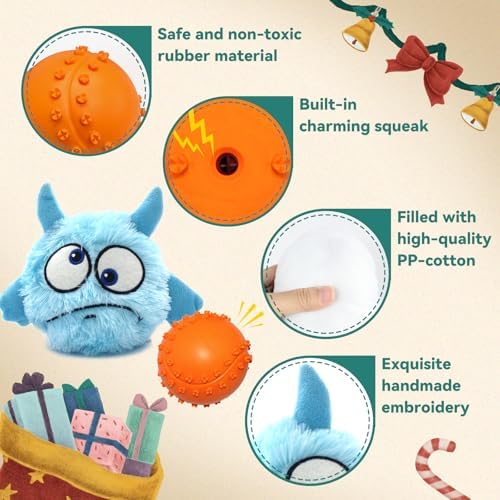 Enjoying Dog Interactive Toys 2-in-1 Dog Plush Squeaky Small Balls Pet Toys Halloween Xmas for Small Medium Large Dogs, Blue Monster