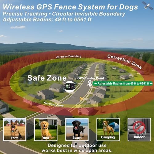 GPS Wireless Electric Dog Fence – Wireless Dog Fence System with Warning Beep & Auto Protection, Quick-Charge Waterproof Collar, 6561ft Range, 3 Training Modes