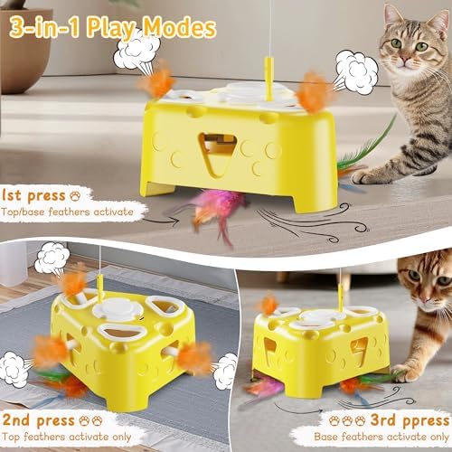 Automatic Cheese-Shaped Interactive Cat Toy – Flying Bird, 6-Hole Mole & Rotating Feather | USB Rechargeable Electronic Feather Toy for Indoor Adult Cats & Kittens, Relieves Boredom