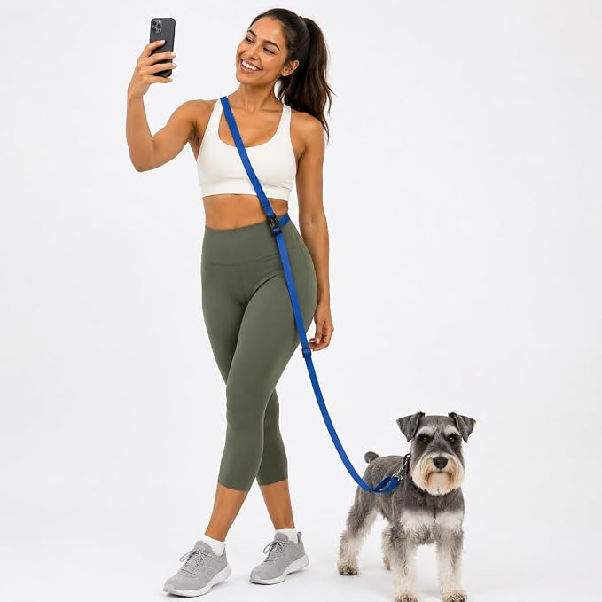 Kazazoo Hands-Free Dog Leash Adjustable Length 5-8 Ft,Crossbody & Waist for Dog Walking, Running for Small Dogs with Reflective Strips, Ballistic Nylon, Waist Belt, Lightweight Blue