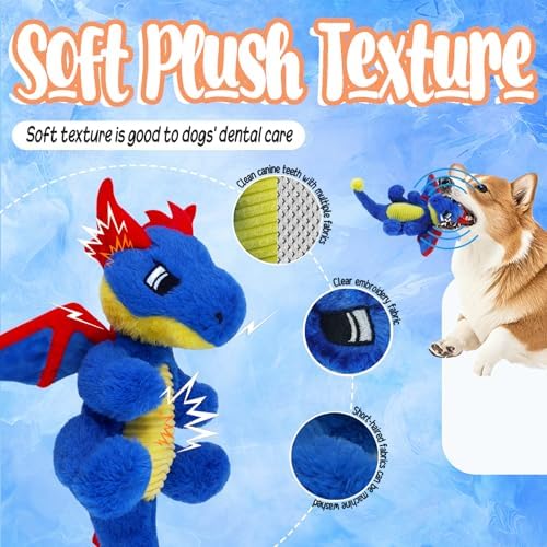 Original Blue Dinosaur Dog Toy - Soft Dog Toys Plush for Small Medium Large Dogs（13.78''） - Cute Dog Squeak Toys with 5 Crinckle Papers & 2 Squeakers