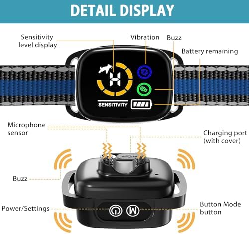 Bark Collar for Small Dogs,No Shock Anti Bark Collar with 3 Adjustable Modes Beep&Vibration,Barking Collar with 6 Adjustable Sensitivity Rechargeable Smart Training Collar (Blue)