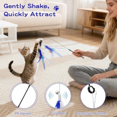 Pawaboo Cat Feather Wand Interactive Toy, 2 Feathers + 1 Wand with Bell