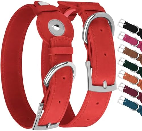 Leather Dog Collar with Airtag Holder - Apple Air Tag Dog Collars - Soft Tracking GPS Pet Collar for Small Medium Large Dogs Breed Puppy (Red, XL, 19"-24" Neck Fit)