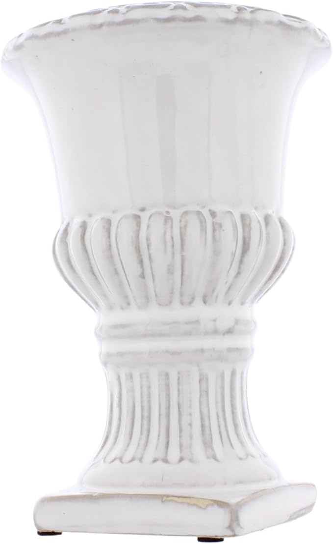 The Bridge Collection White Porcelain Greek Pedestal Urn Planter Vase | Antique Style Plant Pot Garden Accessory for Contemporary Cottage Vintage Decor Indoor Outdoor Home Decoration