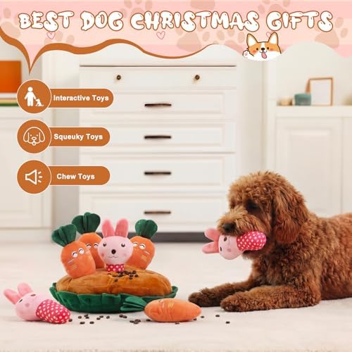 Skylety 7 Pcs Interactive Dog Toys Set, Snuffle Mat for Dogs, Treat Hiding Puzzle and Squeaky Plush, Carrot Bunny Dog Toys for Small Medium Dogs, Training and Boredom Relief Plaything