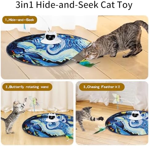 Interactive Cat Toy for Indoor Cats – Rechargeable Hide & Seek Toy for Bored Adult Cats, Touch Activated, Fluttering Feather & Butterfly, 360° Random Motion, Remote Control – Starry Night Design