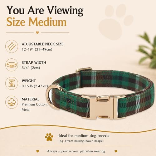 Soft Cotton Dog Collar Classic Plaid Pet Collars with Metal Clasp for Medium Dogs with Sensitive Skin, Forest Green