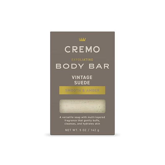 Cremo Exfoliating Body Bar for Men, Vintage Suede Scent, Multi-Layered Fragrance That Buffs, Cleanses and Hydrates Skin, 5oz