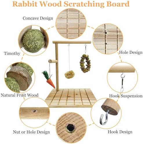 Hamiledyi Rabbit Wood Scratching Board Bunny Claws Teeth Chew Toys Natural Fruit Wood Rabbit Toys Grass Timothy Ball Feet Pad Platform Guinea Pigs Chinchilla Hamsters Other Rodent Pets