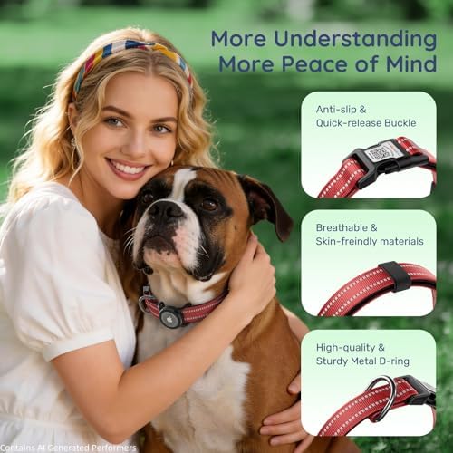 Reflective Dog Collar with AirTag Holder, Waterproof Dog Collar with QR Code, Heavy Duty Adjustable Pet Collar for Small Medium Large Dogs, Red