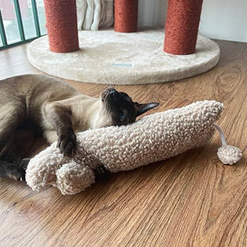 TTcat 14.6 Inch Large Curly Plush Pillow Cat Kicker Toy with Catnip Silvervine Powder, Soft Stuffed Cat Chew Toy with Tail, Interactive Toy for Indoor Cats and Kittens(Beige).