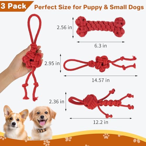 3 Pack Cotton Rope Dog Toy Set, Indestructible Chew Toys for Aggressive Chewers, Puppy Teething Toys with Bone, Human & Chinese Knot Designs for Boredom Relief & Tug of War， Red