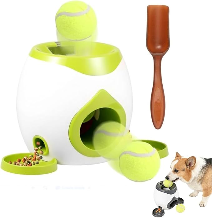 Dog Tennis Ball Launcher with Treat Dispenser, Interactive Puzzle Toy for Dogs, 2-in-1 Fetch Training Machine, Slow Feeder Reward Toy for Medium Large Dogs Indoor Outdoor(A)