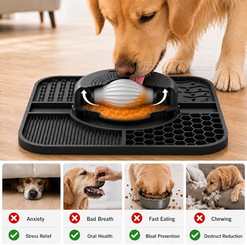 Dog Lick Bowl with Interactive Rolling Ball and Lick Mat, Leak-Proof One-Piece Slow Feeder for Liquid Thick Treats, Anti-Choking Oval Ball Calming Dog Enrichment Toy, Anxiety Relief