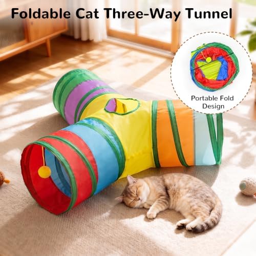 Tempcore Cat Tunnel, 3-Way Collapsible Toy for Indoor Cats, Rainbow