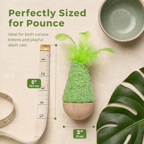 Wooden Wobble Cat Toy for Indoor Kitten, Interactive Tumbler Cat Toy for Small Medium Cats (Green)