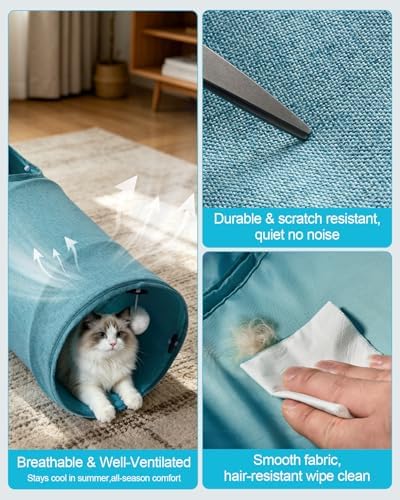 Cat Tunnel, 3 Straight Shaped Tunnels 6 DIY Shapes with Wand Toys, No Noise Scratch Resistant Cool Linen Fabric, Interactive Pet Tunnel Tube for Indoor Cats, Puppy and Rabbits
