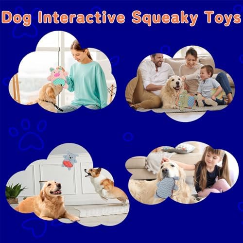 Crinkle Dog Toys Squeaky Plush No Stuffing Cute Puppy Stuffless Tough Rop Pull Toy, Fun Dog Stuffed Animals Durable Chew Set for Small Medium Large Pup (Large, Pink Pig+Green Frog+Blue Dog)