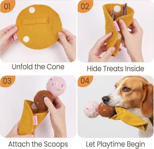 Dog Squeaky Toys Interactive Plush Ice Cream Snuffle Mat, Stuffed Puppy Chew Toy with Crinkle Paper & Treat Pockets, Boredom Relief Brain Stimulation for Small Medium Large Dogs