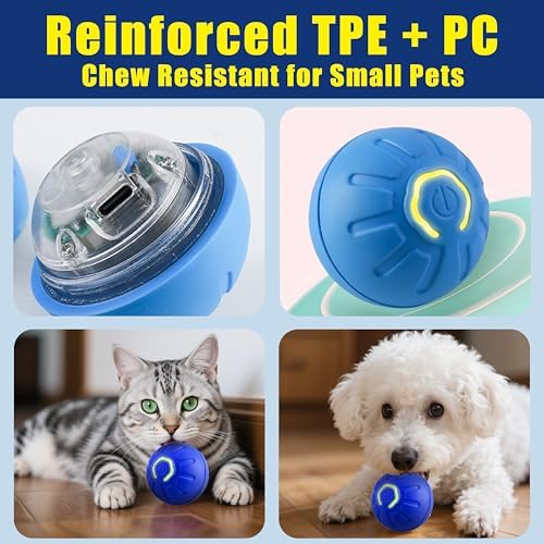 Interactive Self-Moving Pet Toy Ball - Motion-Activated Auto Rolling, Military-Grade Chew Resistant, USB-C Rechargeable for Small Dogs & Cats (Blue,2in Small1)