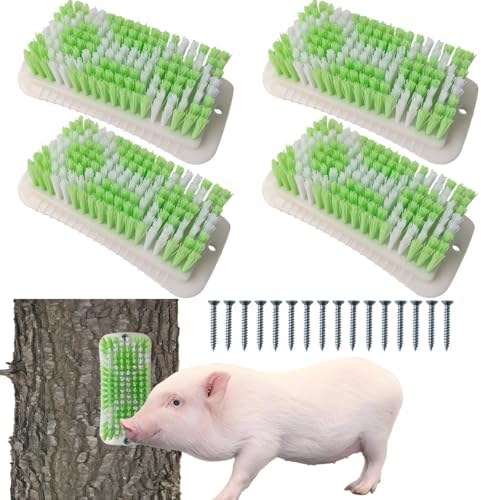 4PCS Pig Enrichment Toy,2-in-1 Self-Grooming and Scratch Brush for Mini Pigs,Reduces Stress,Mini Pigs Self Cleaning Slicker Brushes,Green & White Diamond Pattern,Easy Install for Pens Barns or Yards